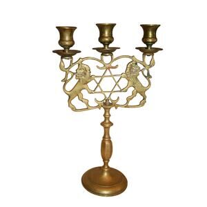 Antique Judea Lions Three-Armed Shabbat Candelabra